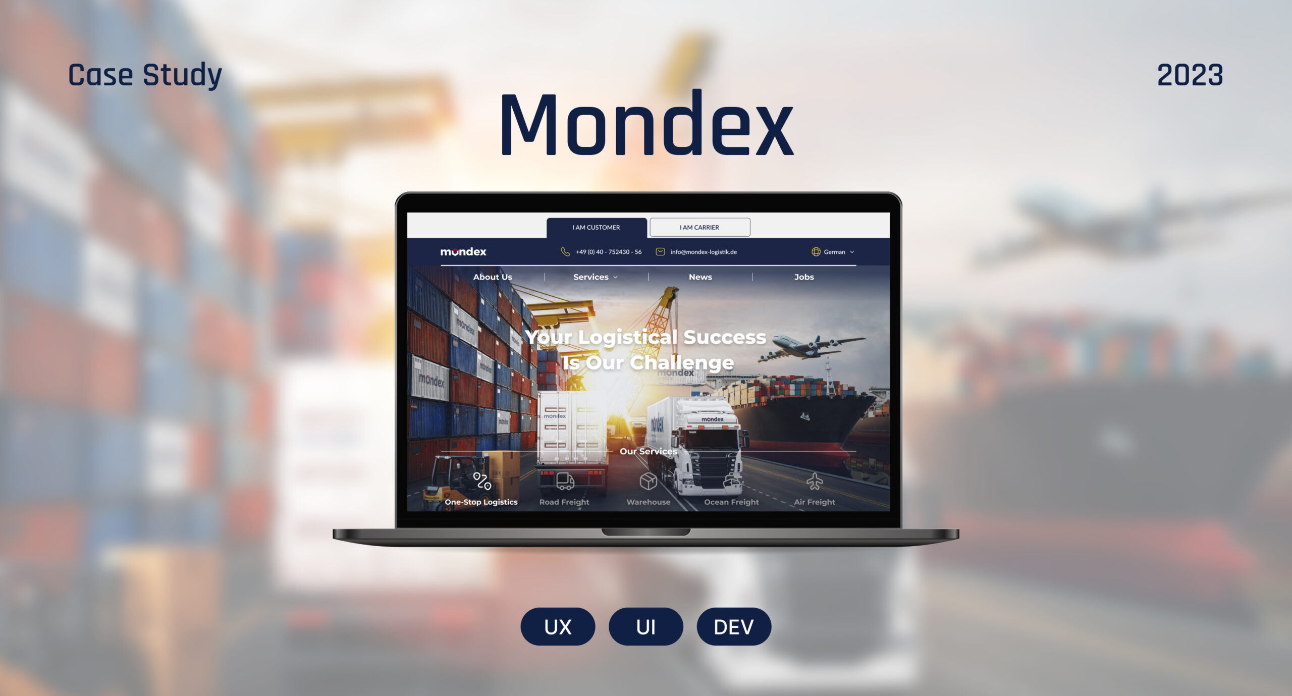 Laptop screen showing Mondex Logistics Company Homepage, Designed and Developed by DesPrime